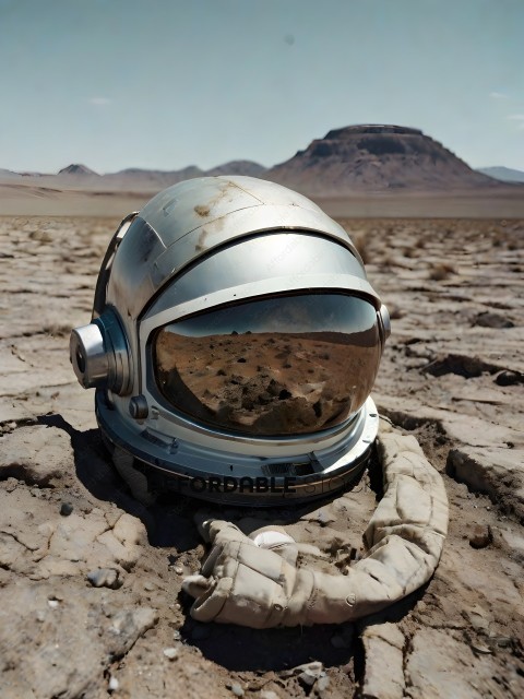 A space suit with a helmet on a desert landscape