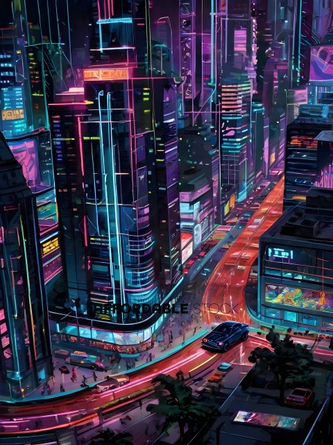A futuristic cityscape with a blue car driving on a road