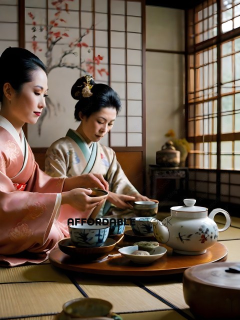 Two Asian women in traditional clothing are sitting at a table with tea cups and bowls