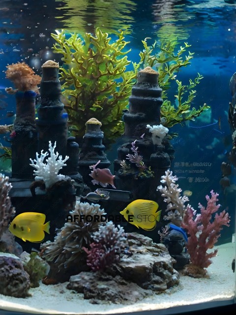 A vibrant aquarium scene with a variety of sea creatures