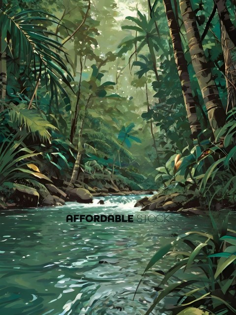A river runs through a jungle with palm trees and rocks