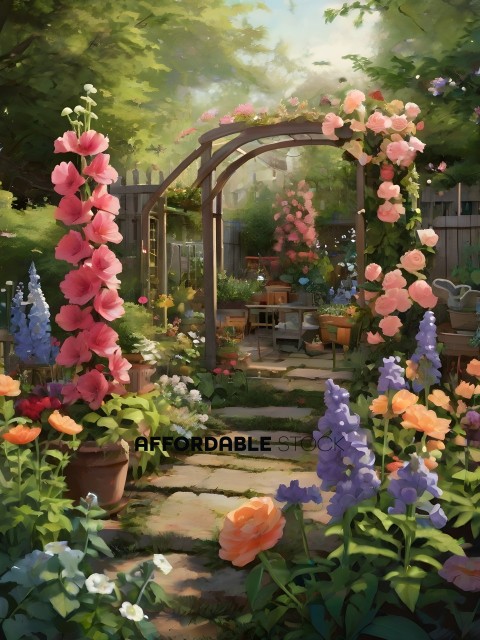A beautiful garden with a gazebo and flowers