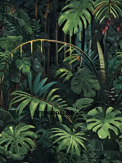 A painting of a dense jungle with a red bird