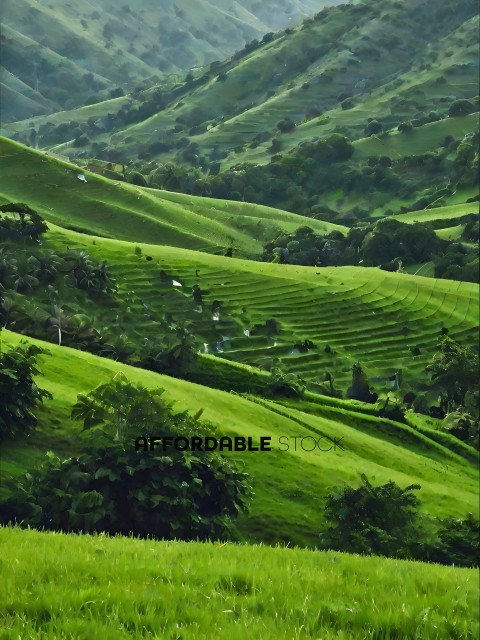 A lush green hillside with a terraced landscape
