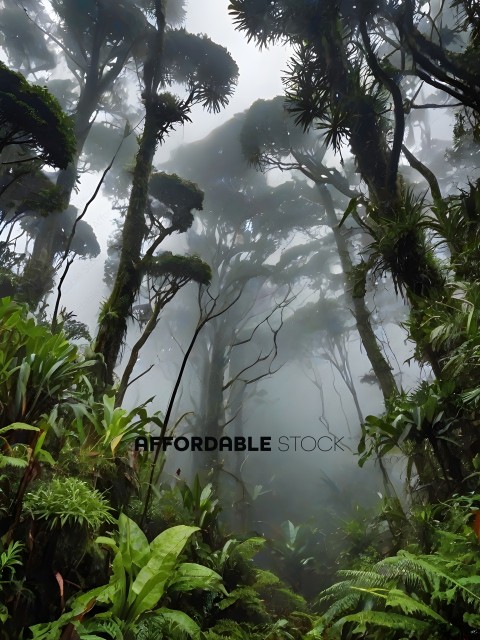 A dense forest with a misty atmosphere