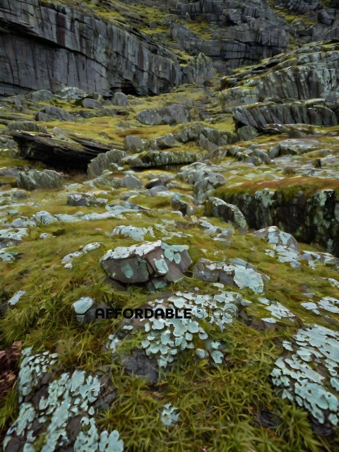 A rocky landscape with moss and lichen