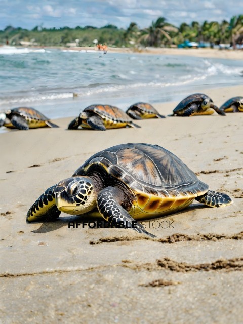 A group of turtles on the beach