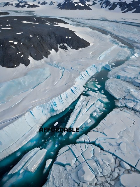 A large iceberg with a river running through it