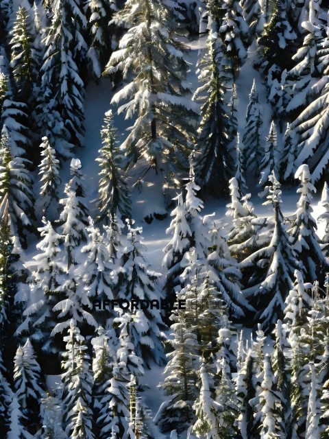 Snowy Evergreen Forest with Sunlight Peeking Through
