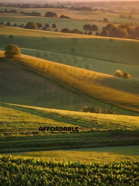 A beautiful view of a green field with trees in the distance