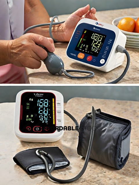 A person is using a blood pressure monitor and a bag