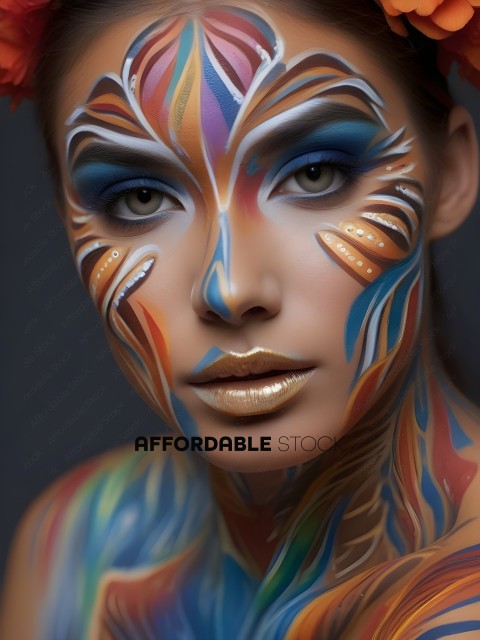A woman with a face painted with a colorful design