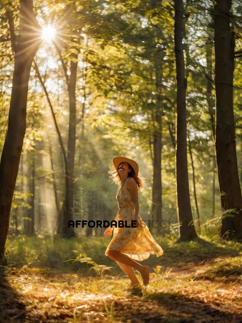 A woman in a yellow dress walks through a forest