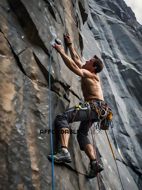 Shirtless Man Climbing Rock