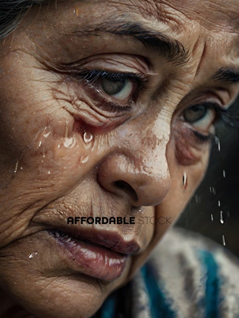 An elderly woman with a sad expression on her face