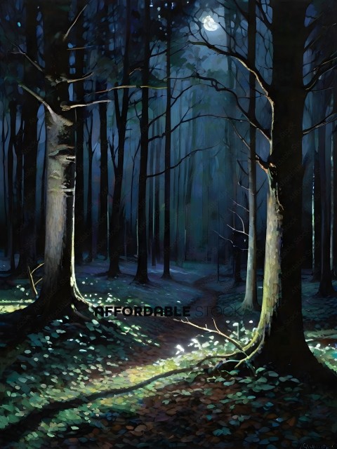 A forest pathway at night with a few trees