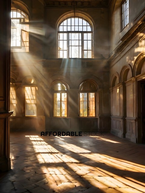A large, empty room with sunlight streaming through the windows