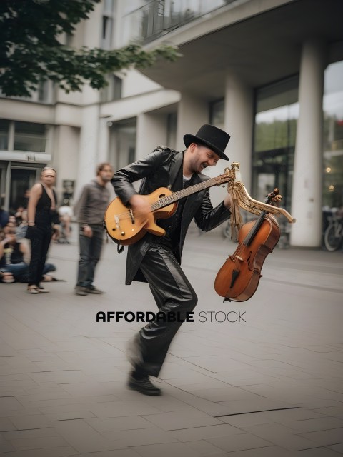 A man playing a guitar and holding a violin