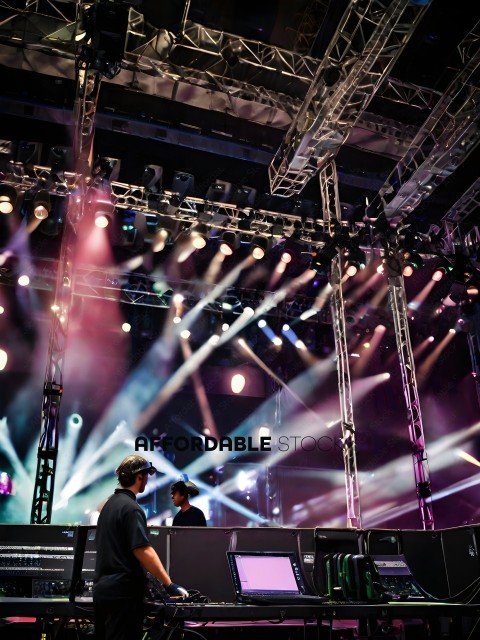 A man in a black shirt is standing in front of a stage with a lot of lights