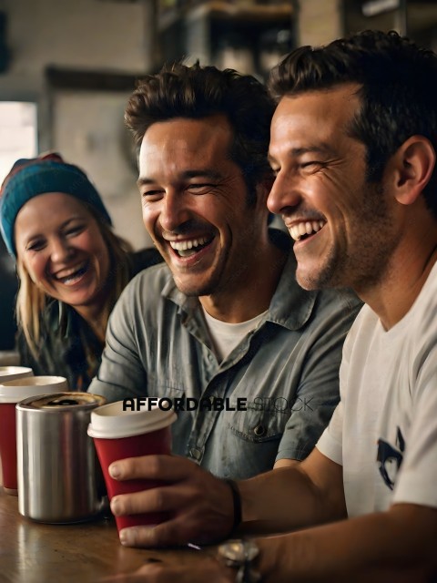 Three people laughing and drinking coffee