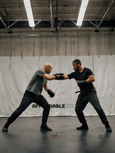 Two men practicing martial arts in a studio