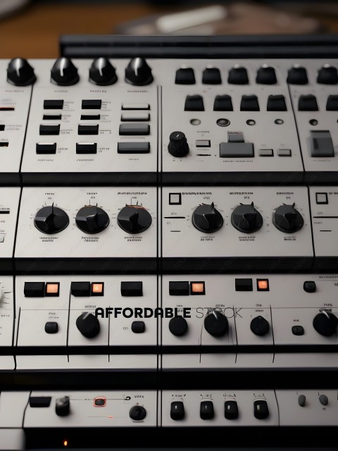 A row of knobs and buttons on a soundboard
