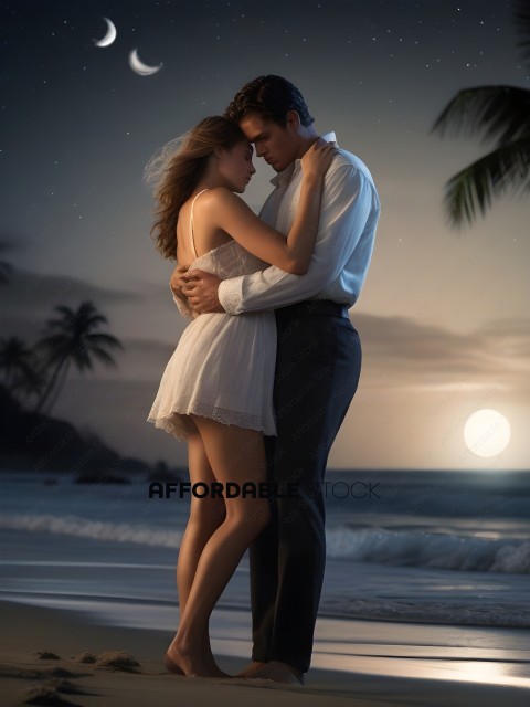 A couple embraces on a beach at night