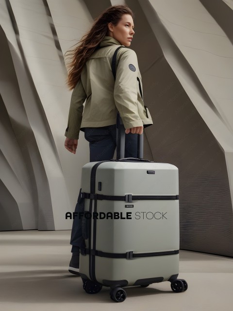 A woman with a grey jacket and grey luggage