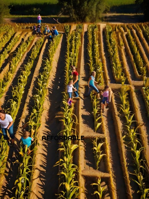 People working in a field of corn