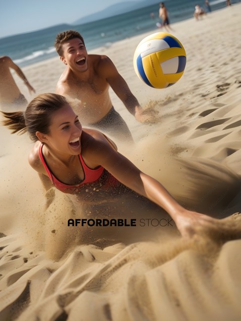 A man and a woman playing volleyball on the beach