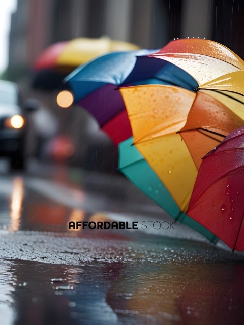 A colorful umbrella is open in the rain