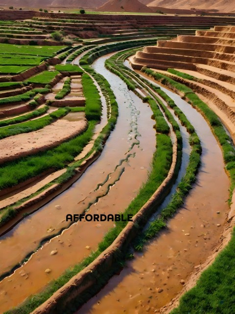 A river runs through a series of terraces