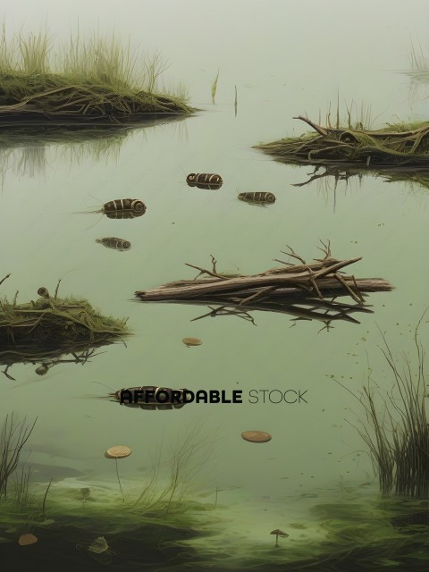 A painting of a pond with a few fish and a frog