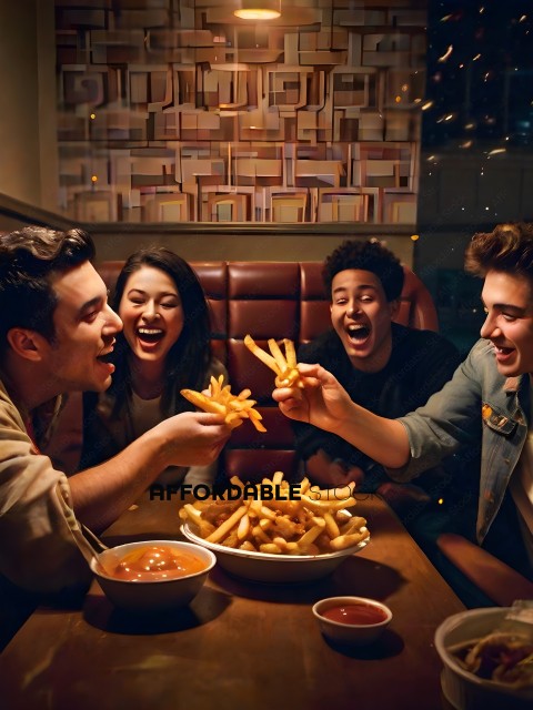 Four friends laughing and eating french fries