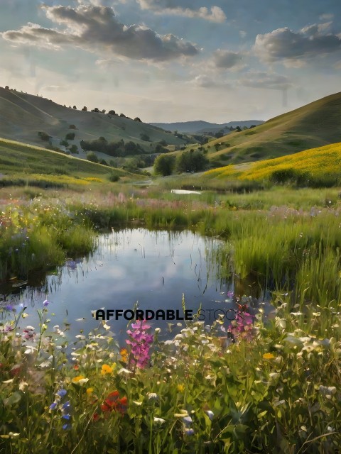 A beautiful landscape with a pond, flowers, and a hill