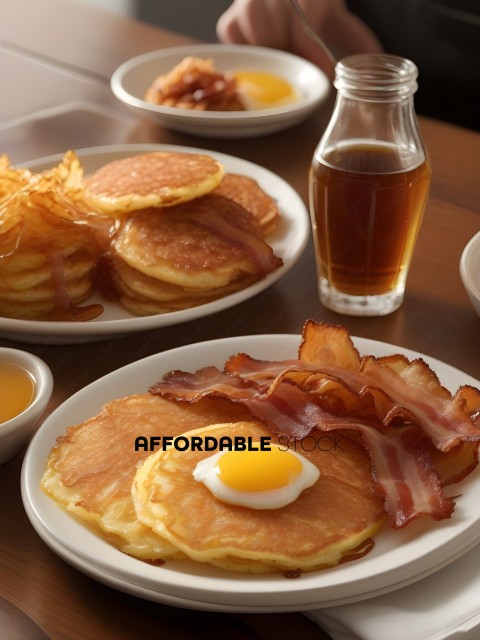 Breakfast with eggs, bacon, and pancakes