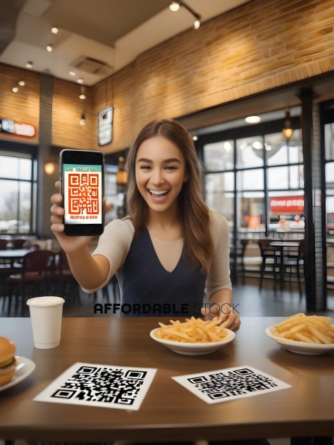 A woman holding a phone with a QR code on the screen