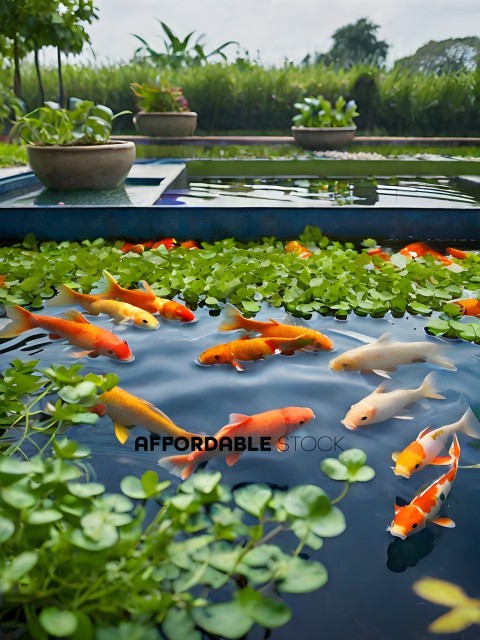 A group of orange and white fish swimming in a pond