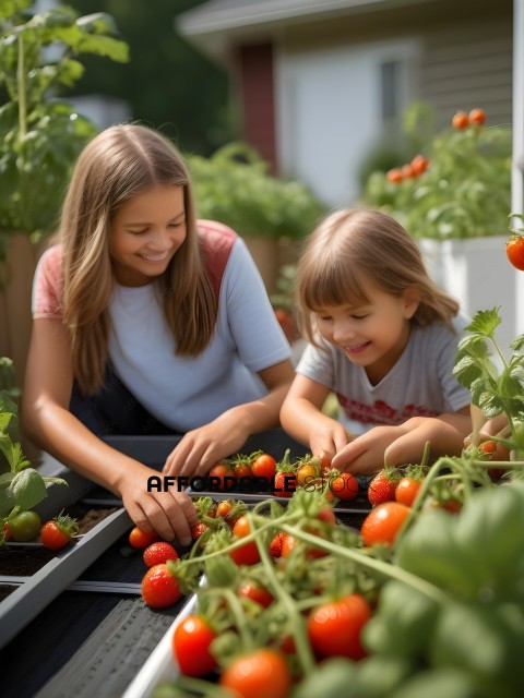 Two girls picking strawberries in a garden