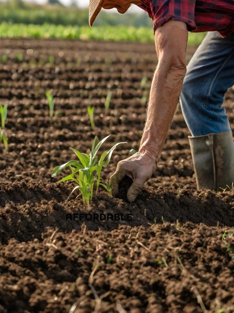 A person is planting a small green plant in the dirt