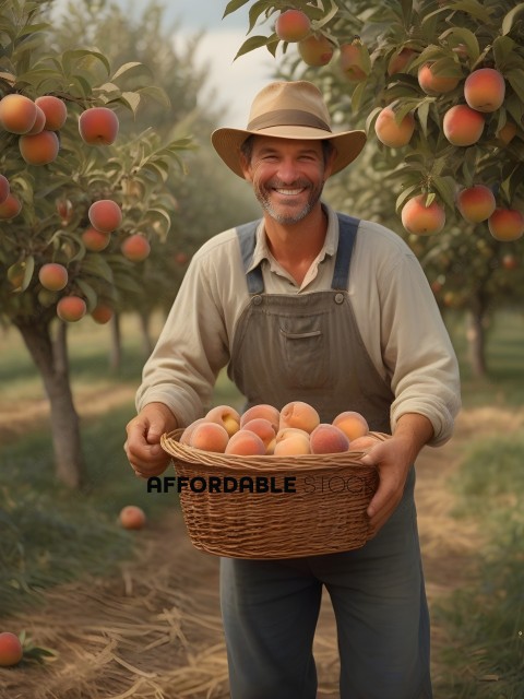 Man holding a basket of peaches