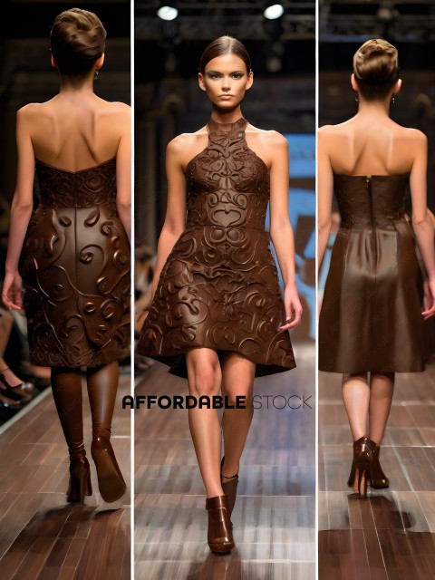 A model wearing a brown dress with a heart design walks down a runway