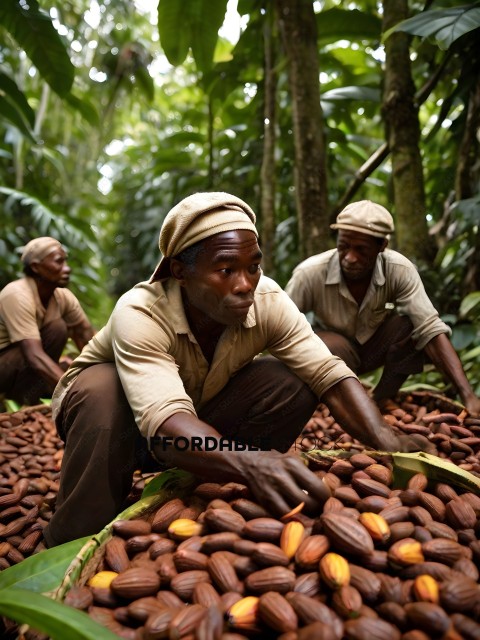 Men working in the jungle picking cocoa beans