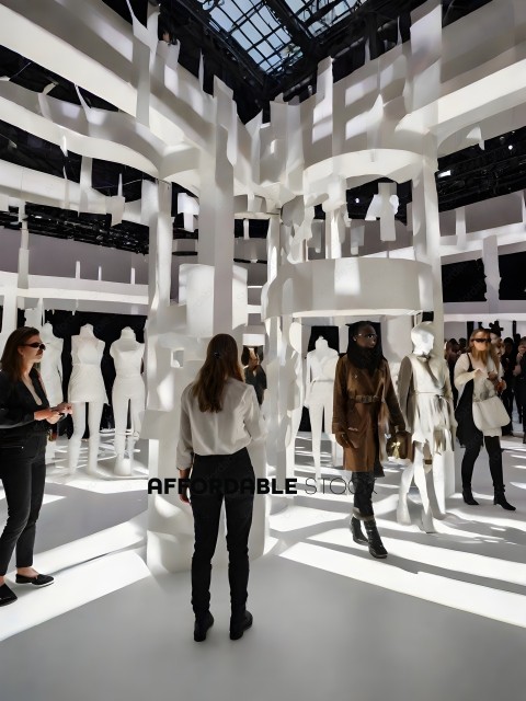 A group of people looking at mannequins in a white room