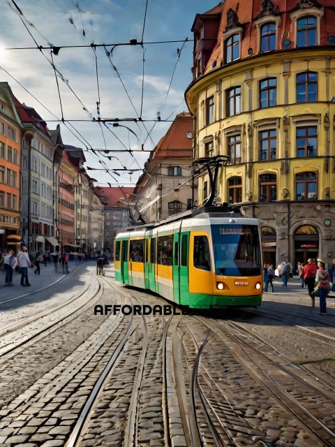 A green and yellow train on a track in a city