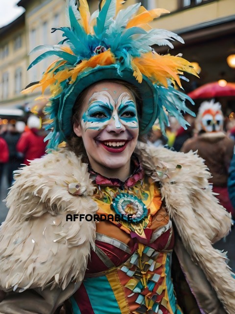 A woman wearing a colorful costume with a feathered hat