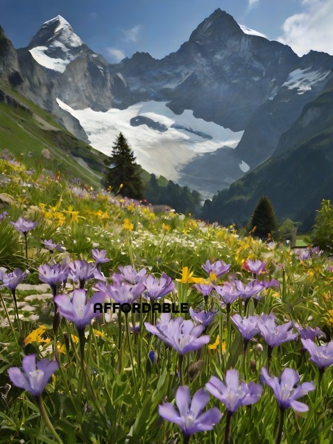 A beautiful mountain landscape with purple flowers