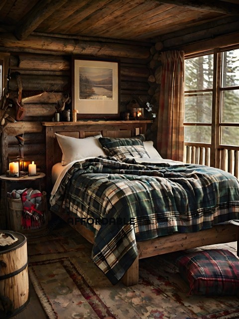 A cozy log cabin bedroom with a large bed and a rustic decor