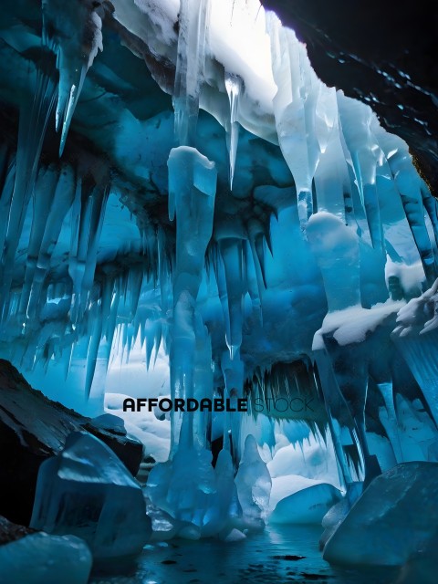 A frozen waterfall with blue ice
