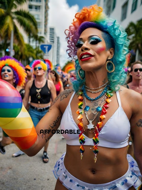 Woman with colorful hair and tattoos holding a rainbow striped tube